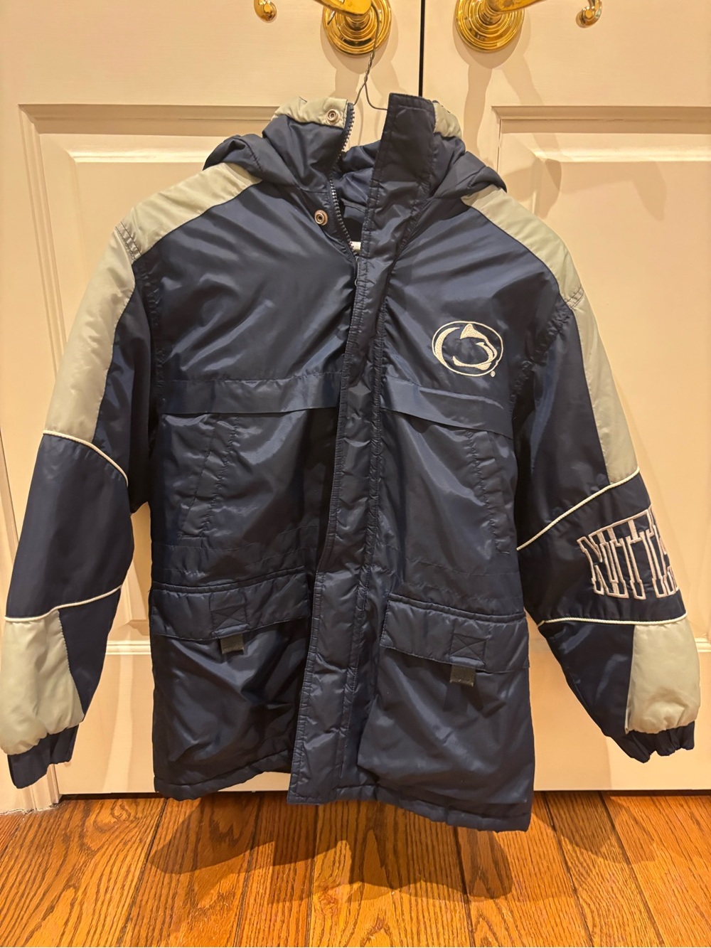 STARTER Navy and Light Gray Hooded Puffer Penn State Jacket